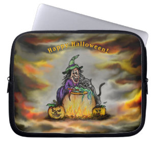 Heks en zwarte kat, gelukkig Halloween! Laptop Sleeve