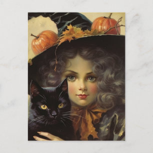 heks en zwarte kat Halloween Briefkaart