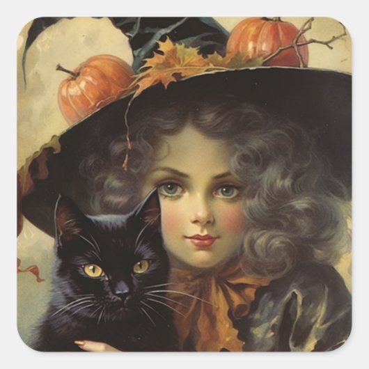  heks en zwarte kat Halloween Vierkante Sticker (Voorkant)