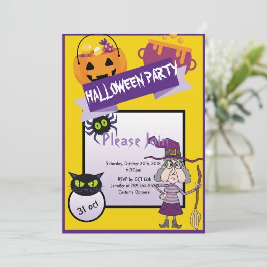 heks grappig pompoen schattig kat Halloween feest Kaart (Staand voorkant)