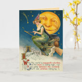  heks Halloween kaarten, Vliegend op haar bezem Kaart (Gele Bloem)