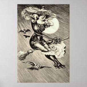 Heks in monochroom vliegende bezem vleermuis volle poster