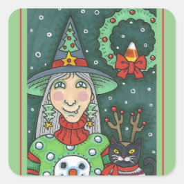 HEKS IN SNEEUWMAN TRUI, ZWARTE KAT XMAS HALLOWEEN VIERKANTE STICKER