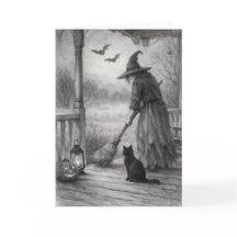 Heks, Kat en Vleermuizen Halloween Wenskaart