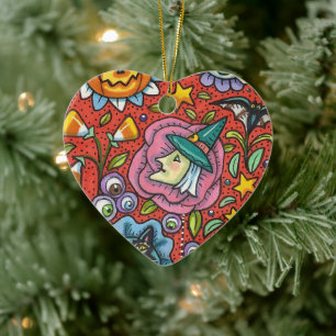 HEKS, KAT, GEEST, KLEURRIJKE HALLOWEEN FOLK GARDEN KERAMISCH ORNAMENT