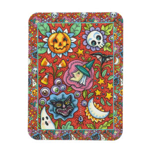 HEKS, KAT, GEEST, KLEURRIJKE HALLOWEEN FOLK GARDEN MAGNEET