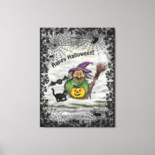 Heks, Kat, Vleermuis en Pompoen, Gelukkig Hallowee Canvas Afdruk