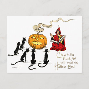 Heks leert Zwarte Kat Jack O' Lantern Briefkaart