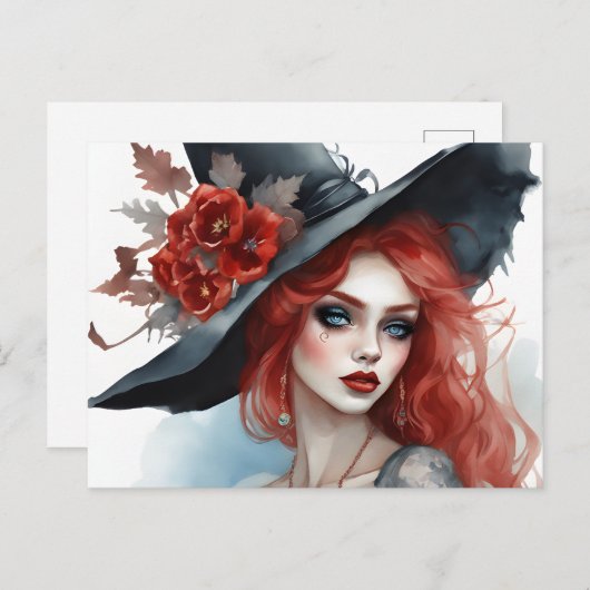 Heks Meisje Rode Bloem Magisch Briefkaart (Voorkant / Achterkant)