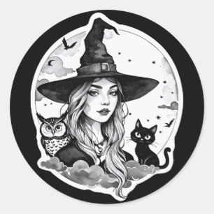 Heks met een kat en een uil - Halloween Fan Fun 1 Ronde Sticker
