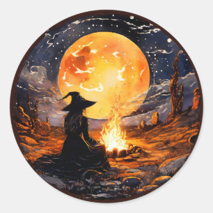 Heks met kaarsen en vuur - Wicca Halloween 1 Ronde Sticker