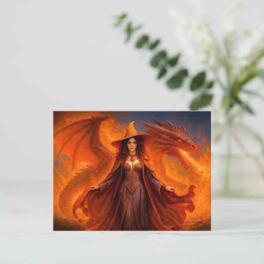 Heks met rode draak en vlammend vuur feestdagenkaart (Staand voorkant)