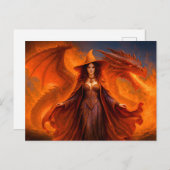 Heks met rode draak en vlammend vuur feestdagenkaart (Voorkant / Achterkant)