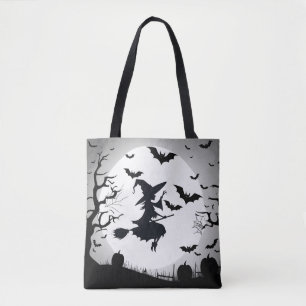 Heks met vleermuizen grappig halloween thema draagtas