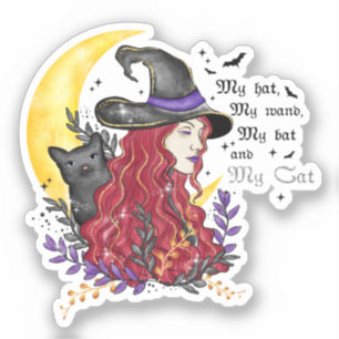 Heks met zwarte kat en halve maan sticker