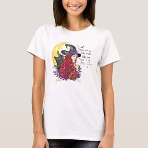 Heks met zwarte kat en halve maan t-shirt