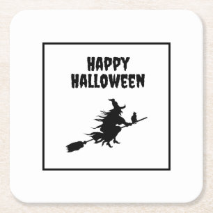 Heks op bezem met kat Halloween Vierkante Kartonnen Onderzetter