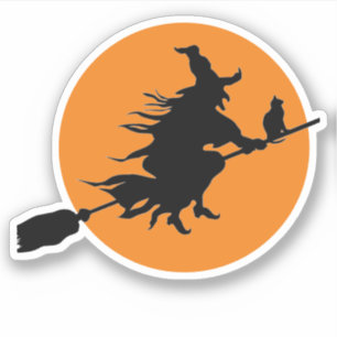 Heks op bezem met kattensilhouet en maan sticker