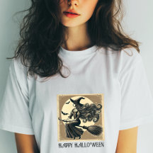 Heks op bezemsteel met volle maan en vleermuizen H