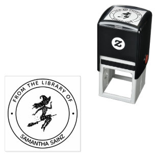 Heks op de Bezem Van de Bibliotheek Van Boek Zelfinktende Stempel