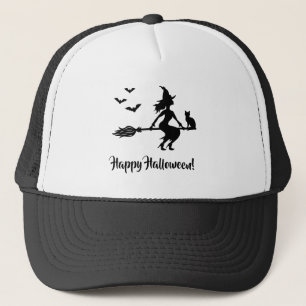 Heks op een bezem Happy Halloween Zwart Silhouet Trucker Pet