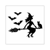 Heks op een bezem met een kat en drie vleermuizen rubberstempel (Afrduk)