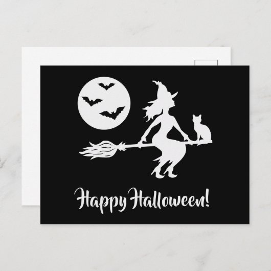 Heks op een bezem zwart en wit gelukkig Halloween Briefkaart (Voorkant / Achterkant)