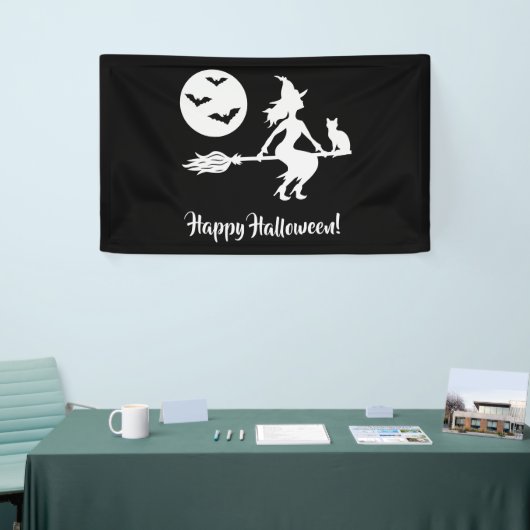 Heks op een bezem zwart en wit gelukkig Halloween Spandoek (Beurs)