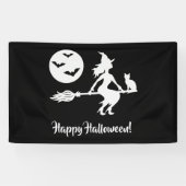Heks op een bezem zwart en wit gelukkig Halloween Spandoek (Horizontaal)