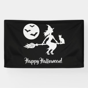 Heks op een bezem zwart en wit gelukkig Halloween Spandoek