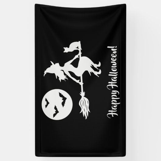 Heks op een bezem zwart en wit gelukkig Halloween Spandoek (Verticaal)