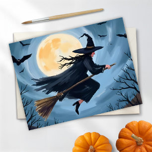 Heks op een bezemsteel Happy Halloween geschilde Feestdagenkaart