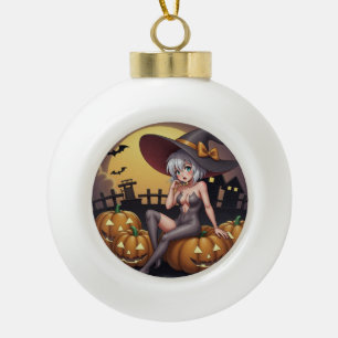 Heks op Jack-O-Lantern Halloween boerderij Keramische Bal Ornament