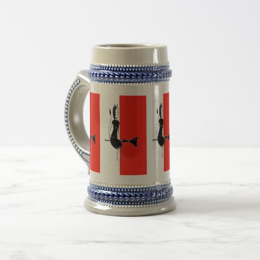 Heks op rood-wit gestreept bierpul (Voorkant links)