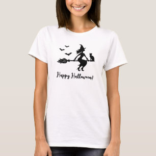 Heks vliegen op een bezem gelukkige Halloween teks T-shirt