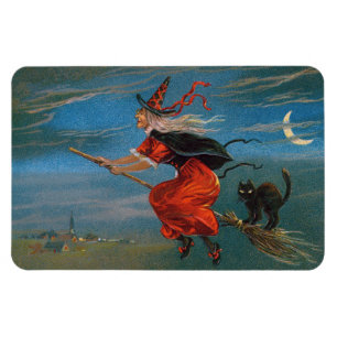 Heks vliegend met zwarte kat op Halloween Nacht Magneet