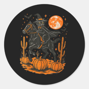 Heks Zwart Kat Paardrijdend Halloween Pompoen Ronde Sticker