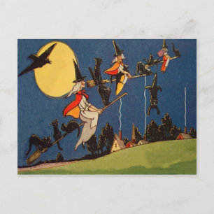 Heks Zwart Kat Vliegende Maan Kraai Briefkaart