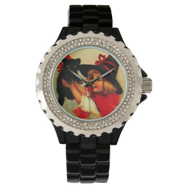 Heks & Zwarte Kat  Halloween Horloge (Voorkant)