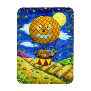 HEKS, ZWARTE KAT IN HETE LUCHTBALLON FOLK ART HUMO MAGNEET