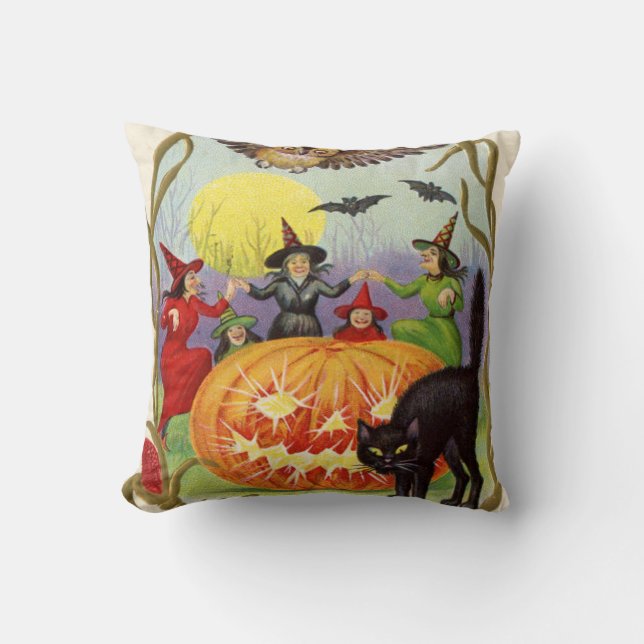 Heksen dansen rond de Jack O' Lantern Kussen (Voorkant)