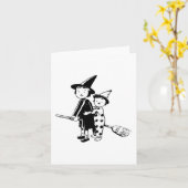 Heksen en clown op bezemsteel met Halloween-thema Kaart (Gele Bloem)
