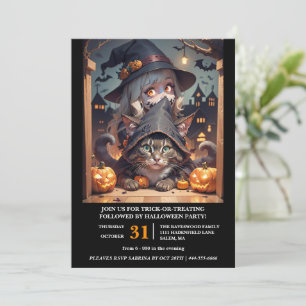Heksen en hun kat Halloween Party Kaart