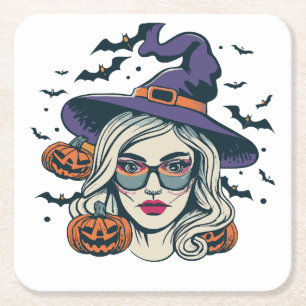 heksen grappige halloween vierkante kartonnen onderzetter