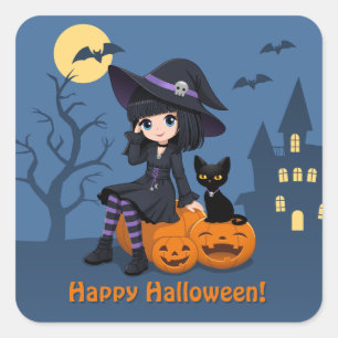 Heksen Halloween, Zwarte Kat en Gebogen Pompoenen Vierkante Sticker