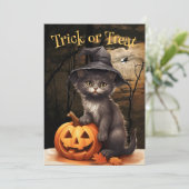 Heksen Kat en Pompoen Halloween Feest Uitnodiging (Staand voorkant)