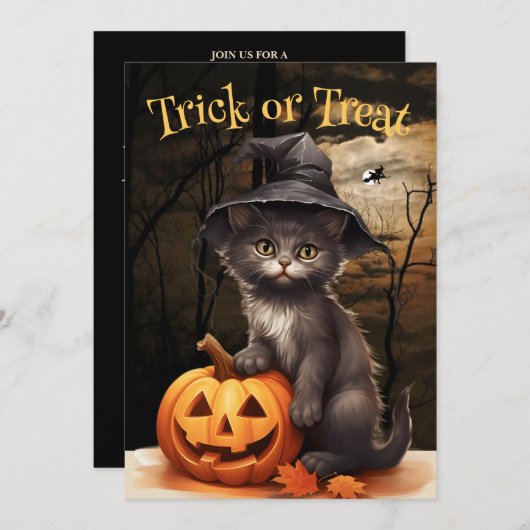 Heksen Kat en Pompoen Halloween Feest Uitnodiging (Voorkant / Achterkant)