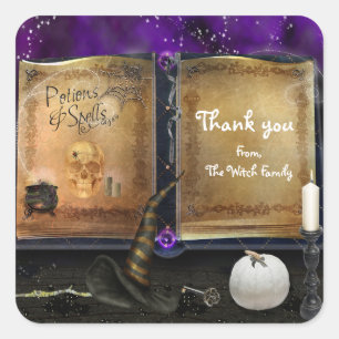 Heksen Magic Spell Boek Halloween kostuum gunst Vierkante Sticker