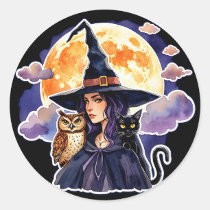 Heksen met een kat en een uil - Halloween Fan Fun Ronde Sticker