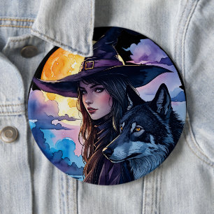 Heksen met een Wolf - Halloween Fan Fun 1 Ronde Button 6,0 Cm